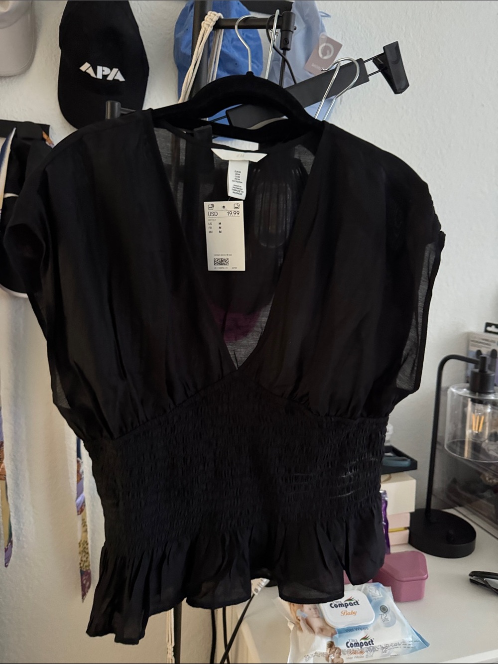 H&M Black V-Neck Smocked Peplum Blouse